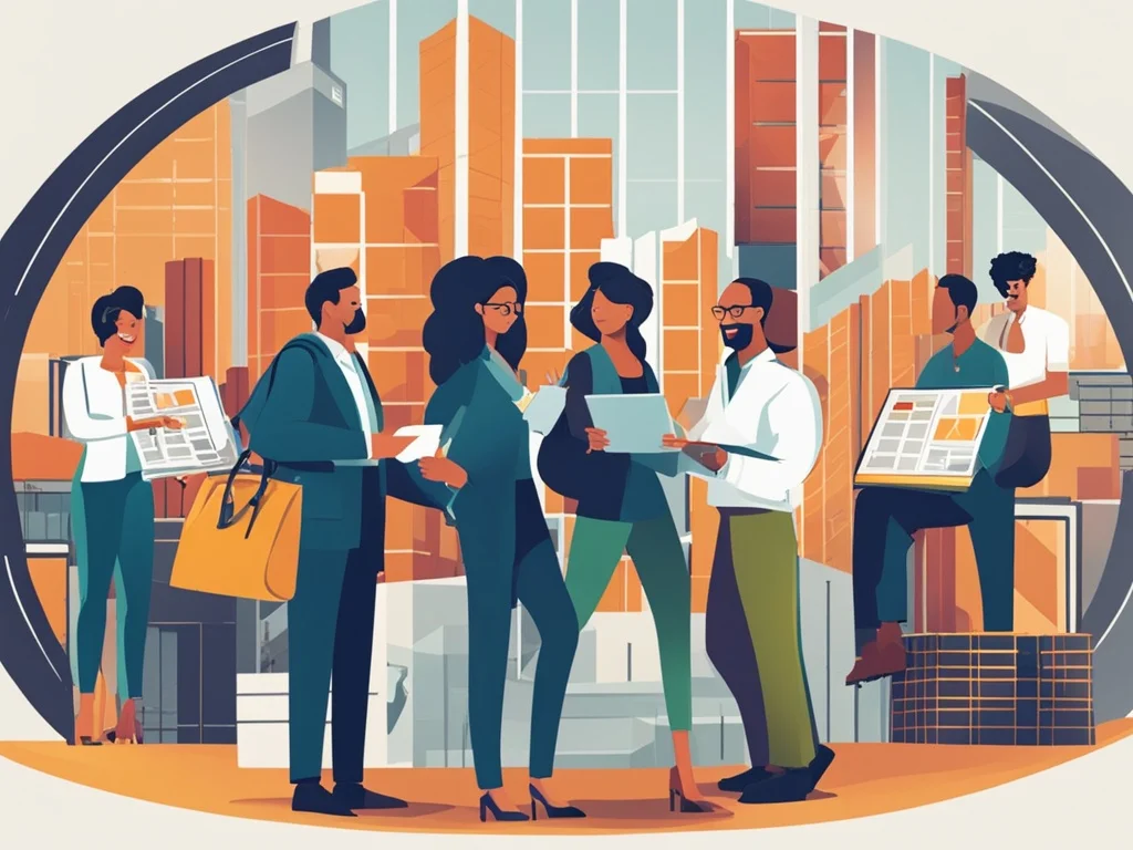 Pessoas investindo em um prédio via plataforma digital, ilustrando crowdfunding de ativos reais.