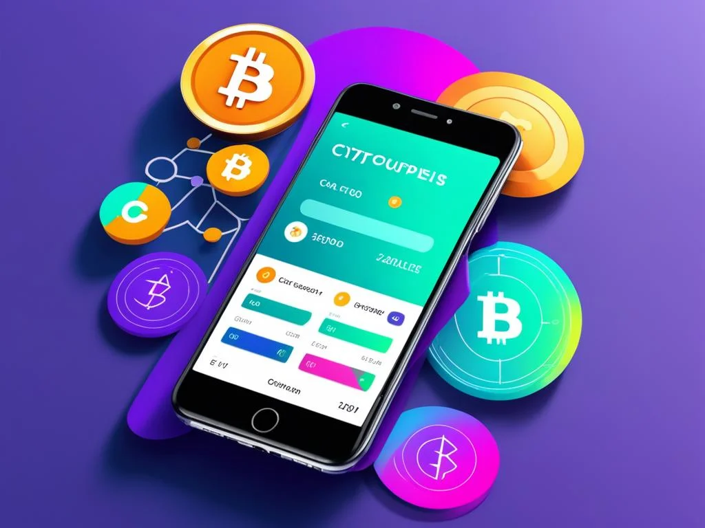 Smartphone com interface moderna e segura de uma carteira de criptomoedas, focando em inovação e tendências.