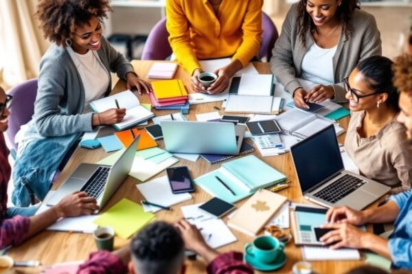 Grupo diverso discutindo sobre educação financeira e empreendedorismo.