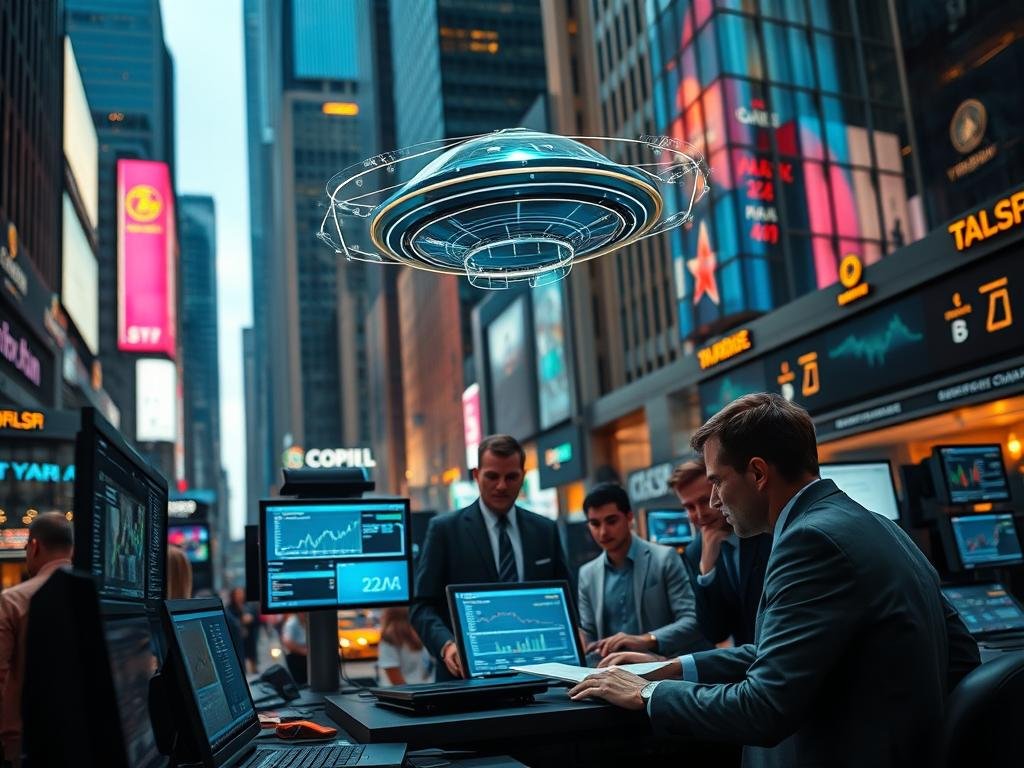 A bustling financial market scene, with a central focus on an AI-powered digital assistant, Copilot, guiding a team of traders and analysts through the complexities of the trading floor. The foreground features Copilot, a sleek and futuristic holographic interface, hovering above a desk, surrounded by screens displaying real-time market data and analytics. In the middle ground, a group of professionals in business attire intently studying the data, their expressions a mix of concentration and excitement. The background showcases the dynamic energy of the financial district, with towering skyscrapers, busy streets, and the hum of activity. The lighting is a balanced, natural-looking combination of warm, artificial illumination and the cool, ambient glow of digital displays, creating a sense of technological innovation and progress. The overall atmosphere conveys the transformative power of AI-driven solutions, revolutionizing the way the financial market operates. A bustling financial market scene, with a central focus on an AI-powered digital assistant, Copilot, guiding a team of traders and analysts through the complexities of the trading floor. The foreground features Copilot, a sleek and futuristic holographic interface, hovering above a desk, surrounded by screens displaying real-time market data and analytics. In the middle ground, a group of professionals in business attire intently studying the data, their expressions a mix of concentration and excitement. The background showcases the dynamic energy of the financial district, with towering skyscrapers, busy streets, and the hum of activity. The lighting is a balanced, natural-looking combination of warm, artificial illumination and the cool, ambient glow of digital displays, creating a sense of technological innovation and progress. The overall atmosphere conveys the transformative power of AI-driven solutions, revolutionizing the way the financial market operates.