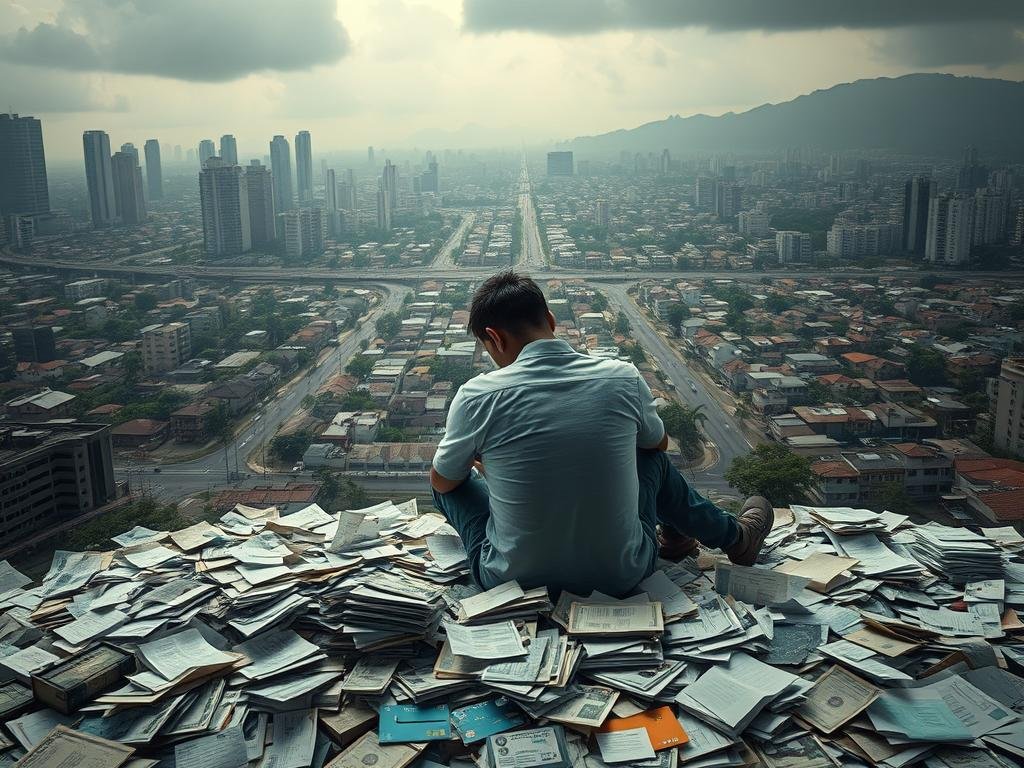 A deeply indebted Brazilian cityscape, with towering skyscrapers and endless rows of modest homes, all cast in a somber, gloomy light. In the foreground, a lone figure sits amidst a sea of unpaid bills and financial documents, their head bowed in weary resignation. The middle ground is cluttered with the trappings of modern consumerism - credit cards, loan statements, and the remnants of shattered dreams. The background fades into a haze of uncertainty, highlighting the overwhelming nature of the debt crisis that grips the nation. The overall mood is one of overwhelming burden, financial strain, and the desperate need for a way out. Saiba como renegociar dívidas com bancos