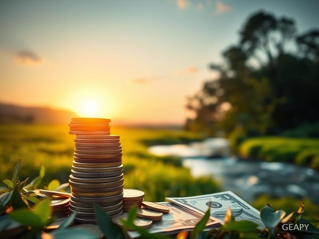 A peaceful, tranquil scene depicting passive income streams. In the foreground, a stack of coins and bills symbolizes financial abundance. In the middle ground, a serene landscape with lush greenery and a flowing river, representing the natural growth and sustainability of passive income. In the background, a picturesque sunset casts a warm, golden glow, conveying a sense of financial security and contentment. The lighting is soft and diffused, creating a calming atmosphere. The composition is balanced, with the passive income elements taking center stage, inviting the viewer to envision their own path to financial independence. Como a renda passiva sustenta seu estilo de vida
