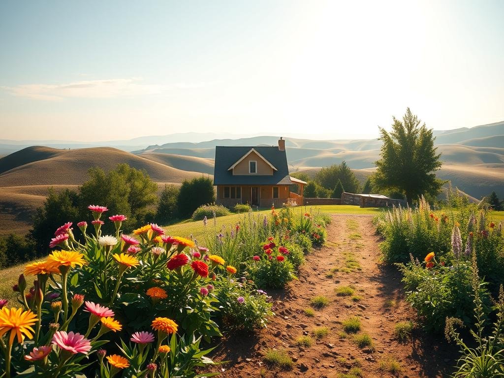 A serene, sun-dappled landscape unfolds, showcasing the path to financial independence. In the foreground, a well-tended garden bursts with vibrant flowers and lush greenery, symbolizing the growth and abundance that comes with careful planning and discipline. The middle ground features a cozy, well-appointed home, its warm exterior radiating a sense of security and stability. In the background, rolling hills and a cloudless sky stretch out, conveying a palpable feeling of freedom and limitless possibilities. The entire scene is bathed in a soft, golden light, creating an atmosphere of tranquility and contentment, reflecting the importance of financial independence and the journey to achieve it. Segurança financeira no longo prazo
