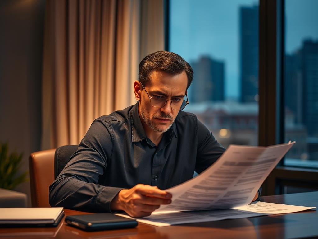 A thoughtful person sitting at a desk, deeply focused on reviewing financial documents and negotiating debt terms with a serious expression. The lighting is soft and warm, creating a contemplative atmosphere. The background features a calm, blurred cityscape through a window, suggesting the weight of the decision-making process. The composition emphasizes the centrality of the financial documents and the individual's careful consideration of their options, conveying the importance of understanding one's financial situation before entering debt negotiations. Ferramentas para consulta de débitos