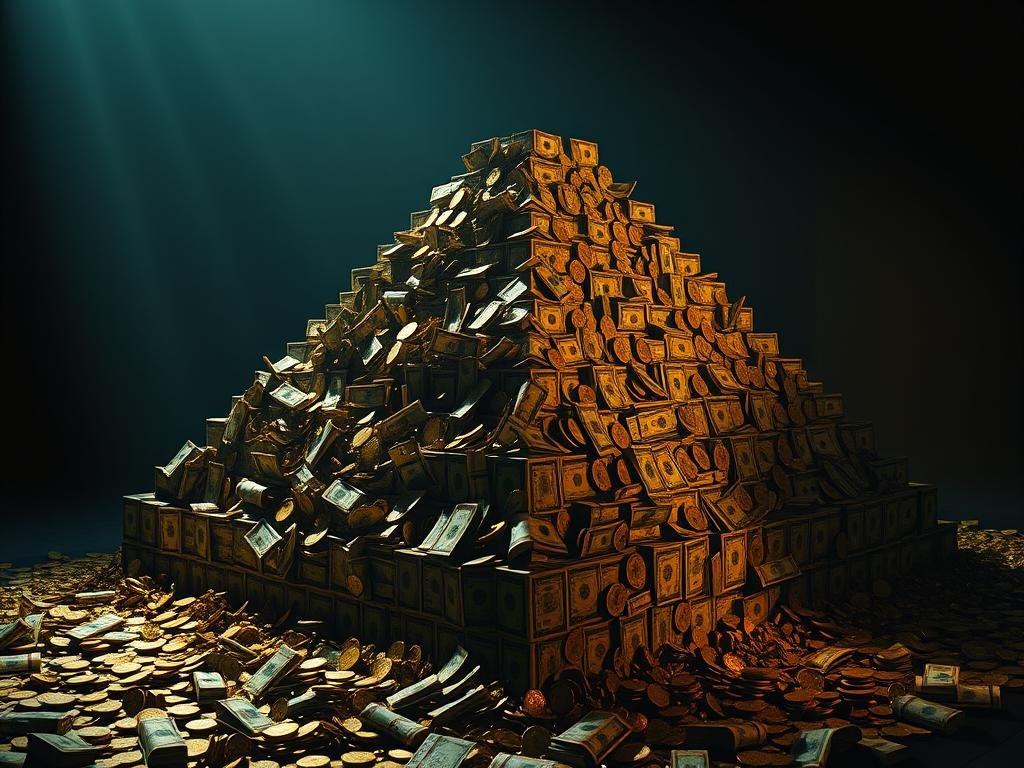 A towering pyramid of gold coins and dollar bills, casting long shadows across a dimly lit financial landscape. The structure's base is broad and sturdy, conveying an illusion of stability, while the upper tiers become increasingly precarious, hinting at the fragility of the scheme. Intricate patterns of currency are etched into the pyramid's surface, creating a hypnotic, almost mesmerizing effect. The lighting is dramatic, with warm highlights accentuating the glint of the gold and the crisp edges of the bills. The overall mood is one of allure and danger, drawing the viewer in while evoking a sense of unease and impending collapse. Promessas irreais de lucro: quando desconfiar