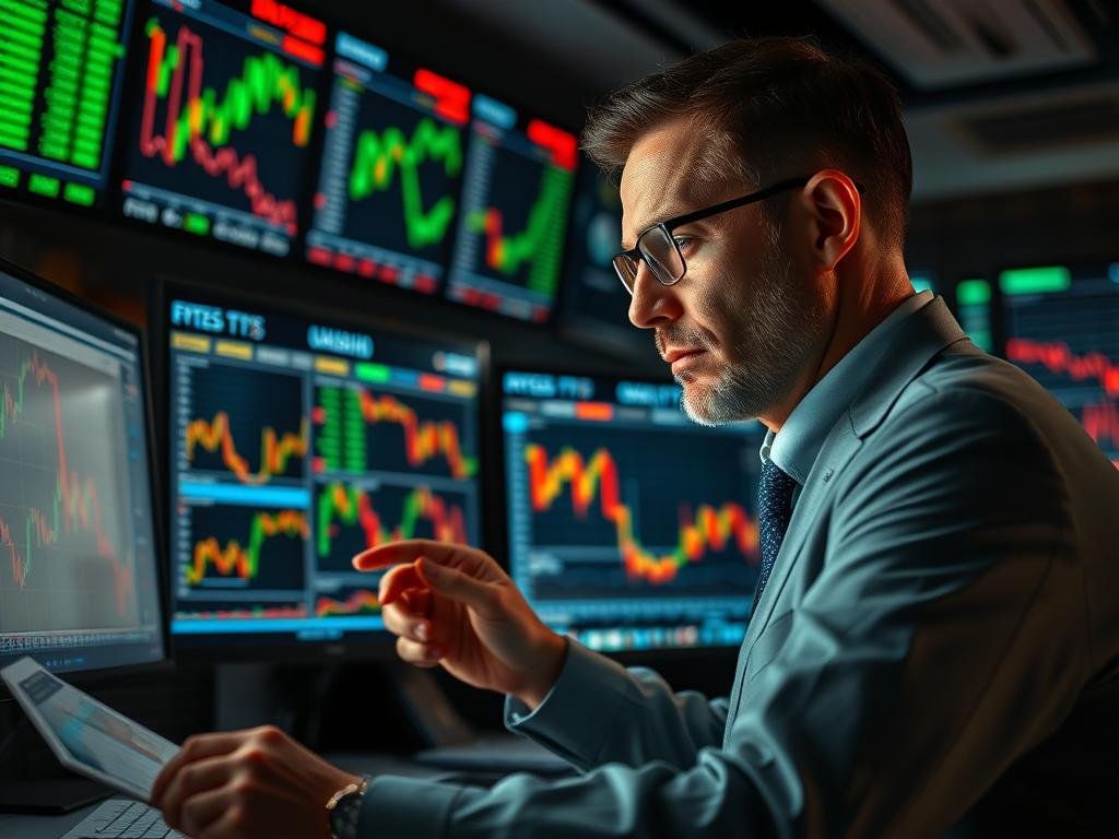 Imagem de um investidor analisando gráficos de ações na bolsa de valores Imagem de um investidor analisando gráficos de ações na bolsa de valores