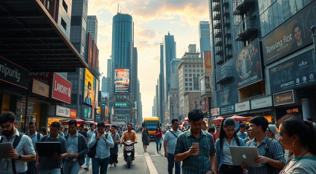 A bustling urban setting, with a mix of modern and traditional architecture. In the foreground, a group of individuals engaged in various temporary work activities - some typing on laptops, others carrying tools or materials, a few talking animatedly. The middle ground features a mix of pedestrians, delivery vehicles, and street vendors, creating a sense of energy and momentum. The background showcases a blend of high-rise buildings, billboards, and a vibrant, colorful sky, suggesting a thriving metropolitan area. The lighting is a mix of natural sunlight and warm, artificial illumination, casting shadows and highlights that add depth and dimension to the scene. The overall atmosphere conveys a sense of opportunity, flexibility, and the fast-paced nature of temporary employment. Como Aumentar a Renda Mensal