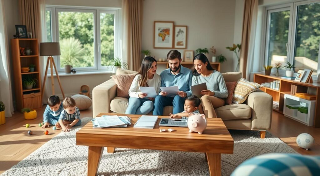 A cozy family living room with warm lighting, soft textures, and thoughtful financial planning. In the foreground, a young couple sits on a plush couch, reviewing household budgets and investment strategies. Between them, a wooden coffee table holds financial documents, a laptop, and a piggy bank. In the middle ground, children play on the floor, surrounded by toys and colorful decor that reflects the family's values. The background features large windows allowing natural light to stream in, creating a serene and inviting atmosphere. The overall scene conveys a sense of financial responsibility, family harmony, and a balanced approach to managing personal finances. A cozy family living room with warm lighting, soft textures, and thoughtful financial planning. In the foreground, a young couple sits on a plush couch, reviewing household budgets and investment strategies. Between them, a wooden coffee table holds financial documents, a laptop, and a piggy bank. In the middle ground, children play on the floor, surrounded by toys and colorful decor that reflects the family's values. The background features large windows allowing natural light to stream in, creating a serene and inviting atmosphere. The overall scene conveys a sense of financial responsibility, family harmony, and a balanced approach to managing personal finances.