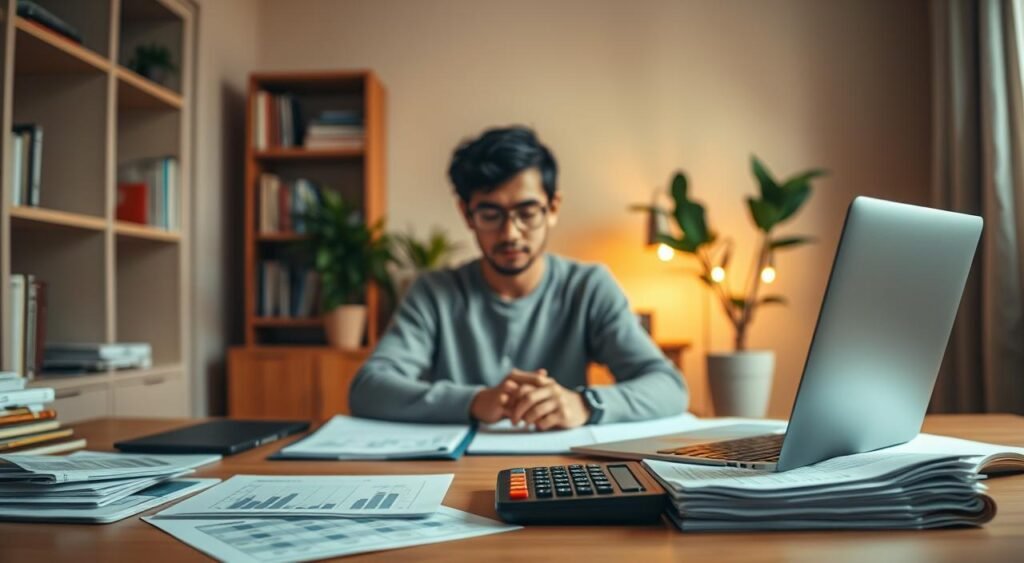 A cozy home office setting, with a desk featuring a laptop, calculator, and organized financial documents. In the middle ground, a person sits at the desk, deeply focused on their personal finance management. The background showcases a serene, warm-toned interior with shelves of books and a houseplant, conveying a sense of stability and control. Soft, directional lighting illuminates the scene, creating a calm and productive atmosphere. The overall composition emphasizes the benefits of effective personal financial management, with attention to detail and a sense of order and organization. Gestão Financeira Pessoal