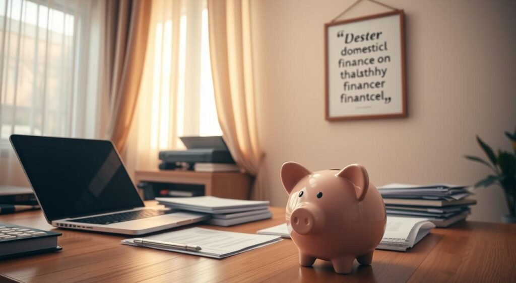A cozy home office setting with a wooden desk, a laptop, and a stack of financial documents. Warm, natural lighting filters through sheer curtains, casting a soft glow on the scene. In the foreground, a piggy bank sits prominently, symbolizing the importance of domestic financial planning. Hanging on the wall, a framed inspirational quote about the value of personal finance management. The overall atmosphere conveys a sense of organization, focus, and the significance of maintaining healthy household finances. A cozy home office setting with a wooden desk, a laptop, and a stack of financial documents. Warm, natural lighting filters through sheer curtains, casting a soft glow on the scene. In the foreground, a piggy bank sits prominently, symbolizing the importance of domestic financial planning. Hanging on the wall, a framed inspirational quote about the value of personal finance management. The overall atmosphere conveys a sense of organization, focus, and the significance of maintaining healthy household finances.