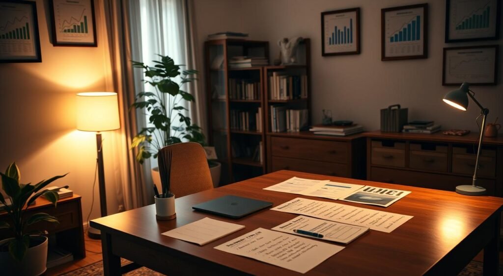 A cozy home office with a large wooden desk, a well-organized bookshelf, and a potted plant. On the desk, a laptop, a pen holder, and several sheets of paper with handwritten financial goals and targets. Soft, warm lighting from a desk lamp illuminates the space, creating a focused and productive atmosphere. The walls are adorned with framed financial charts and graphs, hinting at the occupant's attention to detail and financial literacy. The overall scene conveys a sense of intentionality, discipline, and a commitment to achieving financial well-being. A cozy home office with a large wooden desk, a well-organized bookshelf, and a potted plant. On the desk, a laptop, a pen holder, and several sheets of paper with handwritten financial goals and targets. Soft, warm lighting from a desk lamp illuminates the space, creating a focused and productive atmosphere. The walls are adorned with framed financial charts and graphs, hinting at the occupant's attention to detail and financial literacy. The overall scene conveys a sense of intentionality, discipline, and a commitment to achieving financial well-being.