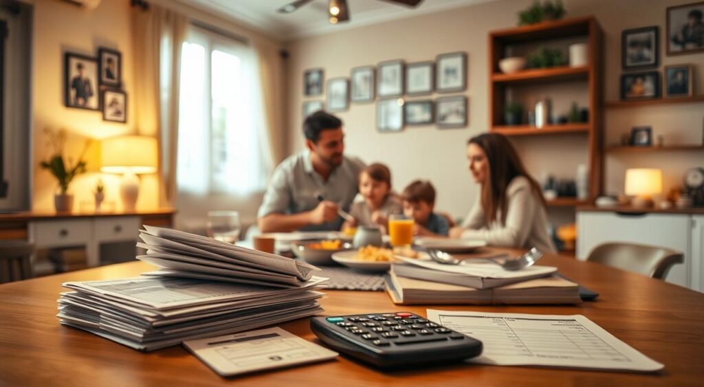 A cozy kitchen table set for a family meal, with a stack of bills, a household budget notebook, and a calculator in the foreground. In the middle ground, a family of four - parents and two children - gathered around the table, discussing their finances. The background features a warm, softly lit living room, with family photos and financial documents hanging on the walls, conveying a sense of domestic harmony and responsible financial planning. The lighting is a combination of natural daylight and soft, inviting lamps, creating a welcoming and serene atmosphere. The overall scene reflects the concept of "orçamento familiar" (family budget) - a harmonious balance between family life and financial management. A cozy kitchen table set for a family meal, with a stack of bills, a household budget notebook, and a calculator in the foreground. In the middle ground, a family of four - parents and two children - gathered around the table, discussing their finances. The background features a warm, softly lit living room, with family photos and financial documents hanging on the walls, conveying a sense of domestic harmony and responsible financial planning. The lighting is a combination of natural daylight and soft, inviting lamps, creating a welcoming and serene atmosphere. The overall scene reflects the concept of "orçamento familiar" (family budget) - a harmonious balance between family life and financial management.
