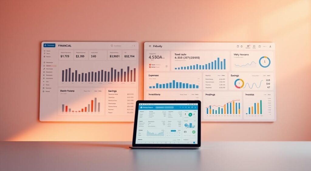 A detailed financial dashboard displaying personal income, expenses, savings, and investments. The foreground shows neatly organized charts, graphs, and data visualizations against a neutral background. The middle ground features a laptop or tablet displaying interactive financial planning tools. The background has soft, muted colors and simple geometric patterns to create a minimalist, professional aesthetic. Warm, directional lighting casts subtle shadows, emphasizing the clarity and precision of the financial information. The overall mood is one of clarity, control, and financial wellness. Um painel financeiro detalhado exibindo renda pessoal, despesas, economias e investimentos. O primeiro plano exibe gráficos, tabelas e visualizações de dados cuidadosamente organizados em um fundo neutro. O plano do meio apresenta um laptop ou tablet exibindo ferramentas interativas de planejamento financeiro. O fundo apresenta cores suaves e discretas e padrões geométricos simples para criar uma estética minimalista e profissional. A iluminação quente e direcional projeta sombras sutis, enfatizando a clareza e a precisão das informações financeiras. O clima geral é de clareza, controle e bem-estar financeiro.