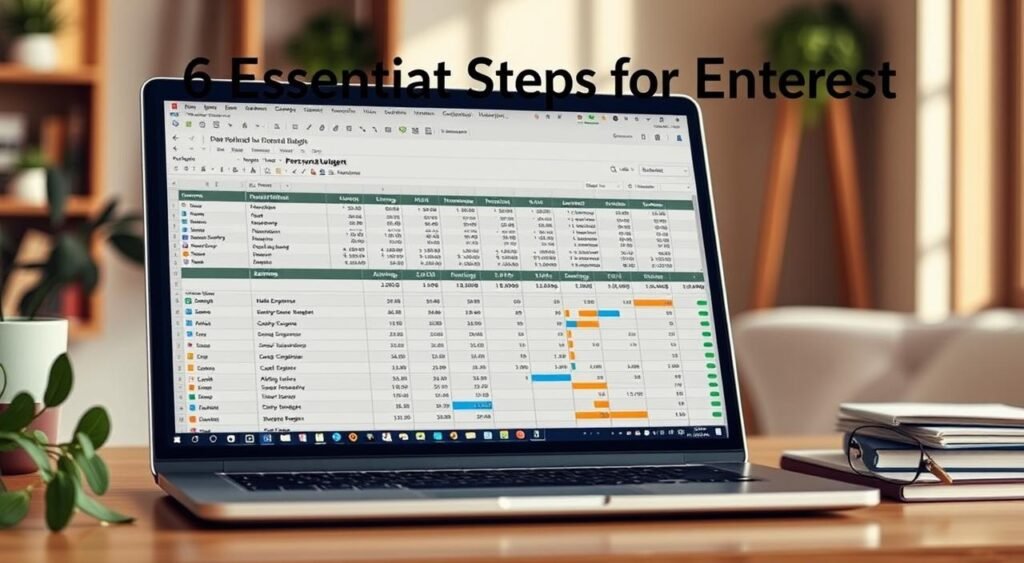 A detailed personal budget spreadsheet displayed on a laptop screen, set against a warm, minimalist office backdrop. The spreadsheet shows categories like income, expenses, savings, and investments, with colorful charts and graphs illustrating the user's financial data. The scene conveys a sense of organization, control, and financial clarity, reflecting the "6 Essential Steps for an Effective Personal Budget" title. Soft, natural lighting casts a contemplative mood, with subtle hints of greenery and wooden accents adding a touch of organic warmth. The overall composition emphasizes the importance of diligent financial planning and management.
