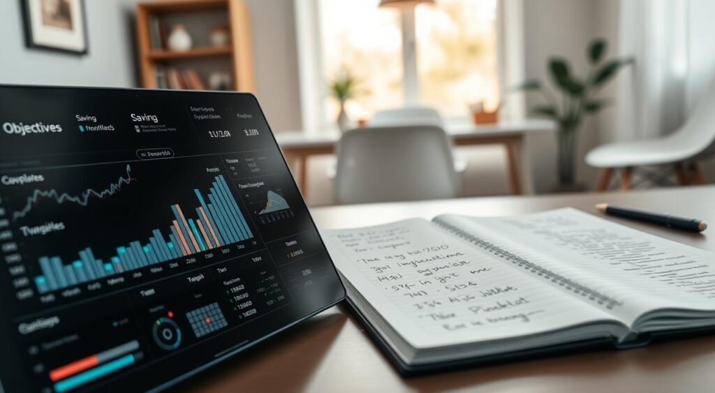 A meticulously crafted financial plan, with clear savings objectives and milestones, laid out in a clean and organized manner. The foreground presents a digital dashboard displaying various financial metrics and target figures, projected using elegant line charts and bar graphs. The middle ground showcases a neatly organized notebook, its pages filled with handwritten financial notes and calculations. In the background, a serene home office setting, with muted tones and natural lighting, creating a sense of focused productivity. The overall composition conveys a sense of control, discipline, and a systematic approach to personal finance.