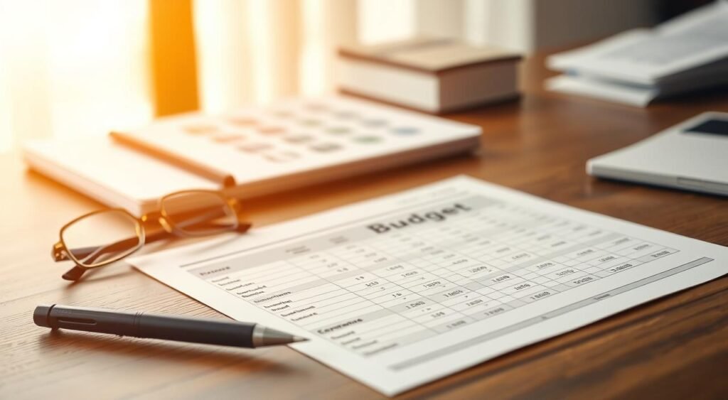 A meticulously organized personal budget spreadsheet laid out on a clean and organized wooden desk. The spreadsheet displays various expense categories, income sources, and financial calculations with a sleek and minimalist design. In the foreground, a modern pen and eyeglasses rest neatly beside the spreadsheet, conveying a sense of precision and attention to detail. The middle ground features a warm, natural lighting that casts a soft glow over the scene, creating a focused and productive atmosphere. The background is blurred, allowing the budgeting materials to be the central focus, emphasizing the importance of personal financial management.
