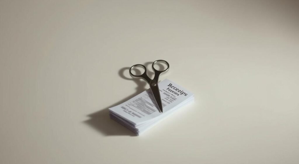A minimalist, clean-lined composition depicting the concept of "cutting superfluous expenses". Set against a soft, muted background, a pair of scissors cleanly slices through a stack of paper receipts, representing the process of carefully reviewing and eliminating unnecessary spending. The image conveys a sense of intentionality, control, and financial discipline, with the scissors acting as a symbolic tool for streamlining one's budget. The lighting is subtle and directional, casting a slight shadow that adds depth and dimensionality to the scene. The overall mood is one of thoughtfulness, simplicity, and a purposeful approach to personal finance. Uma composição minimalista e de linhas retas que retrata o conceito de "cortar despesas supérfluas". Contra um fundo suave e neutro, uma tesoura corta com precisão uma pilha de recibos de papel, representando o processo de revisar e eliminar cuidadosamente gastos desnecessários. A imagem transmite uma sensação de intencionalidade, controle e disciplina financeira, com a tesoura atuando como uma ferramenta simbólica para otimizar o orçamento. A iluminação é sutil e direcional, projetando uma leve sombra que adiciona profundidade e dimensionalidade à cena. O clima geral é de reflexão, simplicidade e uma abordagem proposital às finanças pessoais.