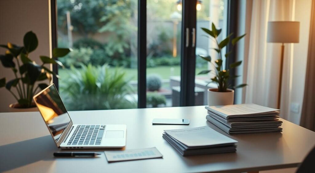 A minimalist home office setup with a clean, organized desk featuring a laptop, potted plant, and carefully arranged financial documents. The lighting is soft and natural, casting a warm glow. In the background, a window overlooking a tranquil garden, symbolizing the harmony between work and personal life. The overall atmosphere conveys a sense of balance, productivity, and financial well-being. Um escritório doméstico minimalista com uma mesa limpa e organizada, com um laptop, um vaso de plantas e documentos financeiros cuidadosamente organizados. A iluminação é suave e natural, criando um ambiente aconchegante. Ao fundo, uma janela com vista para um jardim tranquilo, simbolizando a harmonia entre trabalho e vida pessoal. A atmosfera geral transmite uma sensação de equilíbrio, produtividade e bem-estar financeiro.