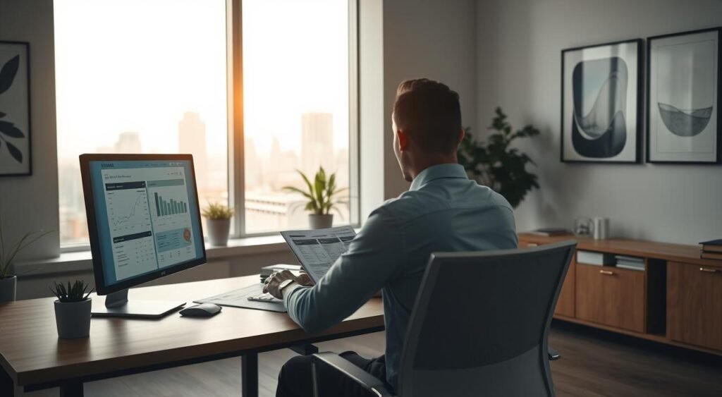 A modern, well-organized office setting with a sleek, minimalist design. In the foreground, a person sits at a wooden desk, carefully reviewing financial documents and spreadsheets on a high-resolution computer monitor. The lighting is soft and natural, filtering in through large windows that offer a view of a cityscape in the background. The walls are adorned with simple, abstract artwork, and a potted plant adds a touch of greenery to the scene. The overall atmosphere is one of focus, efficiency, and financial diligence, perfectly capturing the essence of "effective budgeting." Um ambiente de escritório moderno e bem organizado, com um design elegante e minimalista. Em primeiro plano, uma pessoa sentada a uma mesa de madeira, revisando cuidadosamente documentos financeiros e planilhas em um monitor de computador de alta resolução. A iluminação é suave e natural, filtrada por grandes janelas que oferecem uma vista para a paisagem urbana ao fundo. As paredes são adornadas com obras de arte simples e abstratas, e um vaso de plantas adiciona um toque de verde ao ambiente. A atmosfera geral é de foco, eficiência e diligência financeira, capturando perfeitamente a essência do "orçamento eficaz".