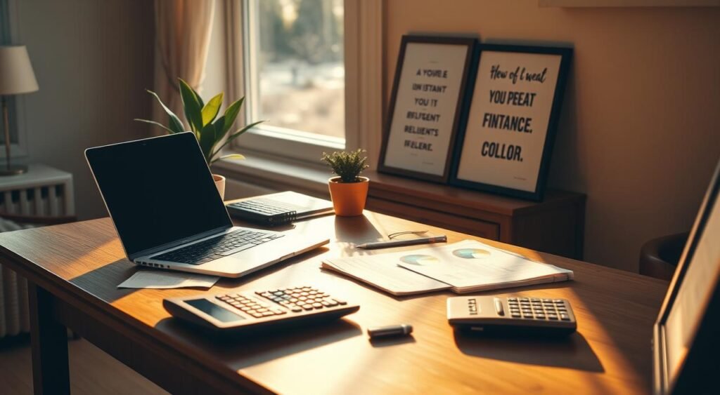 A neatly organized desk with a laptop, calculator, and financial documents in a cozy home office setting. Warm natural lighting filters through a nearby window, casting a soft glow on the wooden furniture and creating long shadows across the surface. A potted plant and a framed inspirational quote add personal touches to the space, conveying a sense of focus and productivity. The overall atmosphere is one of calm efficiency, reflecting the act of getting one's financial affairs in order. Como Poupar Dinheiro em 5 Passos