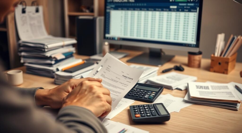 A neatly organized desk with stacks of financial documents, receipts, and a calculator. Soft, warm lighting creates a focused, thoughtful atmosphere. In the foreground, a person's hands meticulously sorting through papers, brow furrowed in concentration. The middle ground features a computer screen displaying a budgeting spreadsheet, while the background subtly blurs to draw the eye inward. Neutral tones of tan, gray, and soft blue evoke a sense of calmness and control over one's personal finances. The overall scene conveys the careful, deliberate process of managing debts and savings. A neatly organized desk with stacks of financial documents, receipts, and a calculator. Soft, warm lighting creates a focused, thoughtful atmosphere. In the foreground, a person's hands meticulously sorting through papers, brow furrowed in concentration. The middle ground features a computer screen displaying a budgeting spreadsheet, while the background subtly blurs to draw the eye inward. Neutral tones of tan, gray, and soft blue evoke a sense of calmness and control over one's personal finances. The overall scene conveys the careful, deliberate process of managing debts and savings.