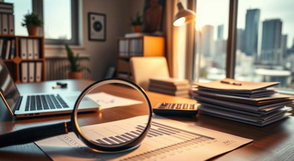 A neatly organized home office with a wooden desk, a laptop, a calculator, and stacks of financial documents. The lighting is warm and focused, creating a thoughtful, productive atmosphere. In the foreground, a magnifying glass examines a balance sheet, highlighting the intricacies of personal finance. The middle ground features a graph depicting financial trends, while the background showcases a city skyline through a large window, suggesting the broader economic context. The overall scene conveys a sense of careful analysis and strategic planning around one's financial situation. A neatly organized home office with a wooden desk, a laptop, a calculator, and stacks of financial documents. The lighting is warm and focused, creating a thoughtful, productive atmosphere. In the foreground, a magnifying glass examines a balance sheet, highlighting the intricacies of personal finance. The middle ground features a graph depicting financial trends, while the background showcases a city skyline through a large window, suggesting the broader economic context. The overall scene conveys a sense of careful analysis and strategic planning around one's financial situation.