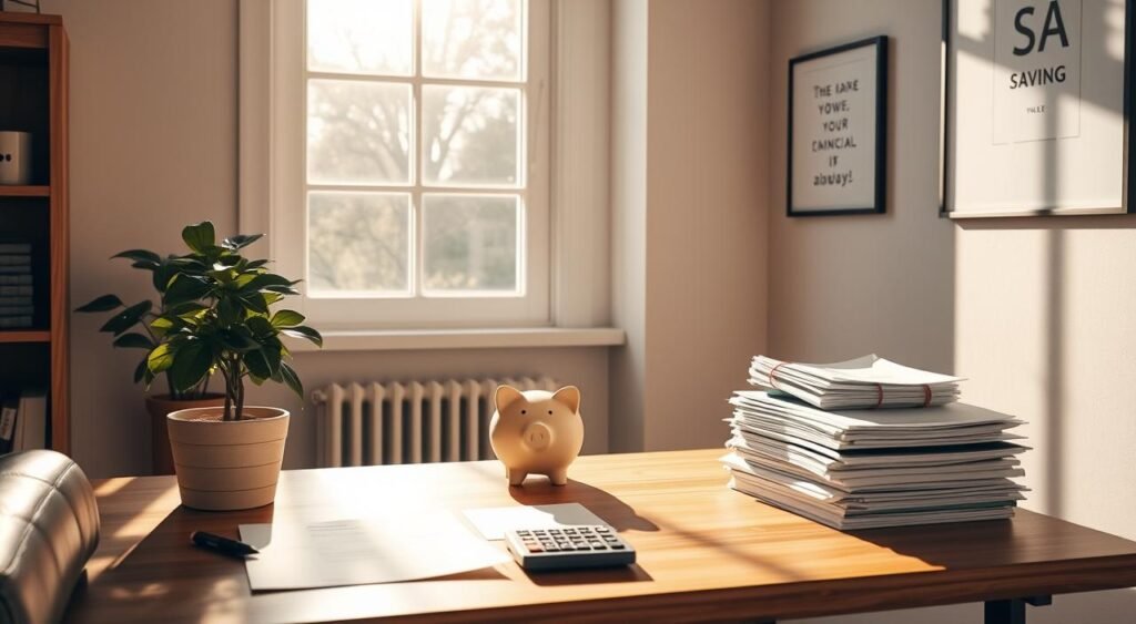 A peaceful home office with a wooden desk, a potted plant, and a neat stack of financial documents. The sunlight streams through a large window, casting a warm glow over the space. On the desk, a piggy bank and a calculator symbolize the act of saving and budgeting. The walls are adorned with simple but inspiring artwork, conveying a sense of calm and focus. The overall atmosphere is one of financial responsibility and personal growth, encouraging the viewer to prioritize saving and managing their money wisely. A peaceful home office with a wooden desk, a potted plant, and a neat stack of financial documents. The sunlight streams through a large window, casting a warm glow over the space. On the desk, a piggy bank and a calculator symbolize the act of saving and budgeting. The walls are adorned with simple but inspiring artwork, conveying a sense of calm and focus. The overall atmosphere is one of financial responsibility and personal growth, encouraging the viewer to prioritize saving and managing their money wisely.