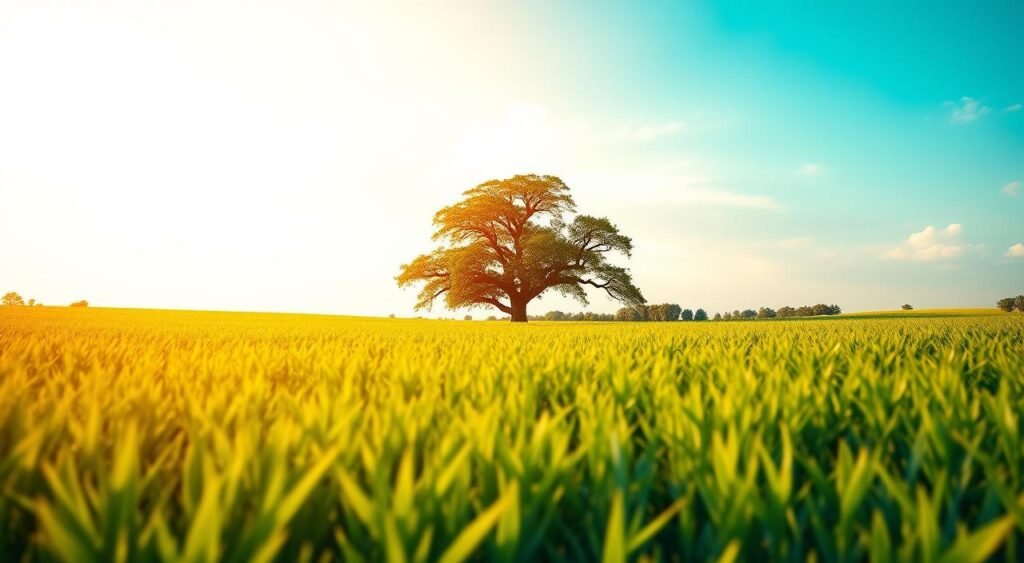 A serene financial landscape, with a vibrant green field in the foreground, representing growth and prosperity. In the middle ground, a sturdy oak tree stands tall, its branches reaching skyward, symbolizing the strength and stability of a healthy financial life. The background features a cloudless blue sky, bathed in warm, golden sunlight, conveying a sense of clarity and optimism. The overall scene exudes a feeling of balance, harmony, and a journey towards financial well-being. Captured with a wide-angle lens, the composition invites the viewer to immerse themselves in this tranquil, prosperous financial world. Uma paisagem financeira serena, com um campo verde vibrante em primeiro plano, representando crescimento e prosperidade. No centro, um carvalho robusto se ergue imponente, com seus galhos voltados para o céu, simbolizando a força e a estabilidade de uma vida financeira saudável. O fundo apresenta um céu azul sem nuvens, banhado por uma luz solar quente e dourada, transmitindo uma sensação de clareza e otimismo. A cena geral exala uma sensação de equilíbrio, harmonia e uma jornada rumo ao bem-estar financeiro. Capturada com uma lente grande angular, a composição convida o observador a mergulhar neste mundo financeiro tranquilo e próspero.
