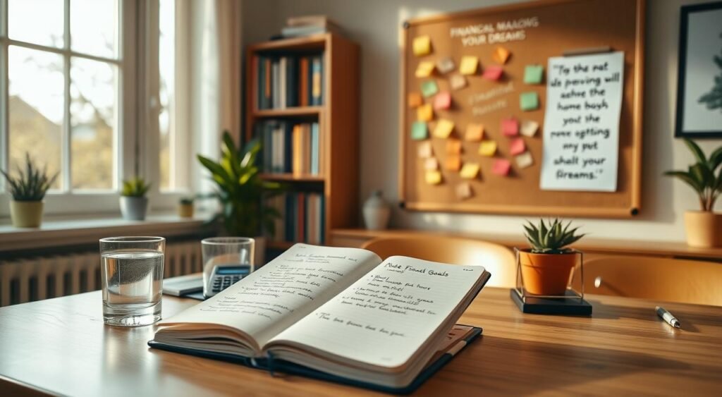 A serene home office setting, bathed in warm, natural lighting from large windows. On the desk, a notebook open to a page of handwritten financial goals, surrounded by a calculator, a glass of water, and a potted plant. Above the desk, a neatly organized corkboard displays colorful sticky notes with various financial tips and strategies. In the background, a bookshelf filled with financial management guides and a framed motivational quote about achieving one's dreams. The overall atmosphere exudes a sense of focused productivity and a commitment to personal financial well-being. Um ambiente tranquilo de home office, banhado pela luz natural e acolhedora vinda de grandes janelas. Sobre a mesa, um caderno aberto com uma página de metas financeiras escritas à mão, cercado por uma calculadora, um copo d'água e um vaso de planta. Acima da mesa, um quadro de cortiça cuidadosamente organizado exibe post-its coloridos com diversas dicas e estratégias financeiras. Ao fundo, uma estante repleta de guias de gestão financeira e uma citação motivacional emoldurada sobre a realização dos sonhos. A atmosfera geral exala uma sensação de produtividade focada e compromisso com o bem-estar financeiro pessoal.