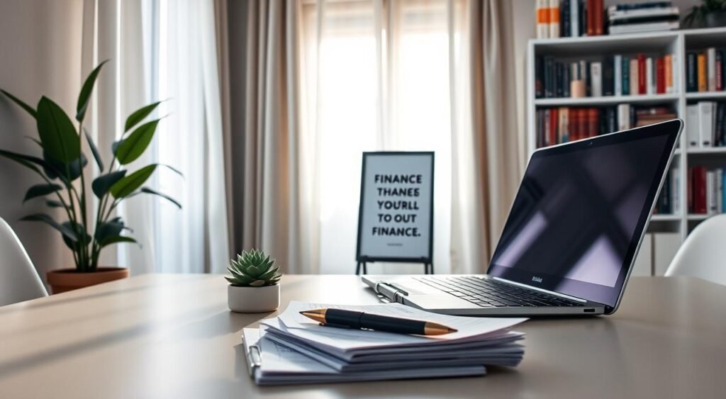 A serene home office setup, bathed in soft natural light filtering through sheer curtains. In the foreground, a neatly organized desk with a sleek laptop, a stack of financial documents, and a pen resting atop a planner. The middle ground features a succulent plant and a framed motivational quote, conveying a sense of mindfulness and intention. The background showcases a bookshelf filled with finance-related volumes, creating an atmosphere of knowledge and responsibility. The overall scene exudes a sense of control, focus, and a commitment to personal financial management. Guia Completo de Finanças para Iniciantes