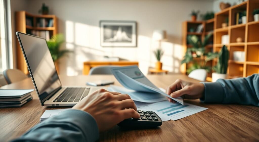 A serene, well-lit office scene with a wooden desk showcasing a laptop, documents, and a calculator. In the foreground, a person's hands are carefully reviewing financial statements. The middle ground features financial charts and graphs displayed on the laptop screen, while the background depicts a warm, inviting interior with bookshelves and potted plants, creating a professional yet calming atmosphere. The lighting is soft and natural, casting a subtle glow on the scene. The overall composition conveys a sense of focus, organization, and thoughtful financial planning. A serene, well-lit office scene with a wooden desk showcasing a laptop, documents, and a calculator. In the foreground, a person's hands are carefully reviewing financial statements. The middle ground features financial charts and graphs displayed on the laptop screen, while the background depicts a warm, inviting interior with bookshelves and potted plants, creating a professional yet calming atmosphere. The lighting is soft and natural, casting a subtle glow on the scene. The overall composition conveys a sense of focus, organization, and thoughtful financial planning.