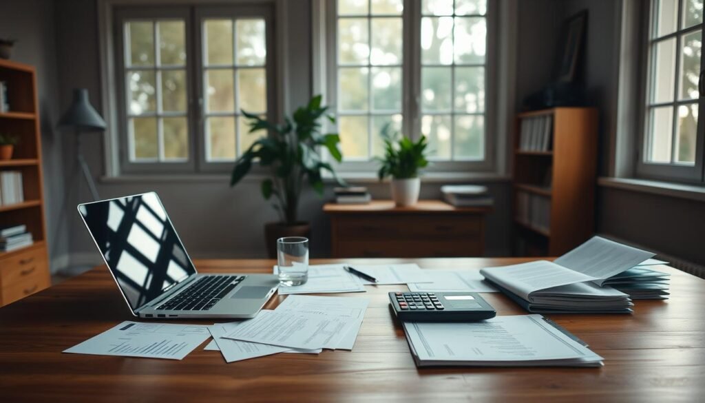 A serene, well-organized home office with a wooden desk, a laptop, a calculator, and various financial documents neatly arranged. The office is bathed in soft, natural lighting from large windows, creating a calming and focused atmosphere. On the desk, a glass of water and a potted plant add a touch of greenery. The overall composition conveys a sense of financial planning, control, and a methodical approach to personal finance. The background is a muted, neutral color that doesn't distract from the main elements. Um home office sereno e bem organizado com uma mesa de madeira, um laptop, uma calculadora e diversos documentos financeiros cuidadosamente dispostos. O escritório é banhado por uma iluminação natural suave proveniente de grandes janelas, criando uma atmosfera calma e focada. Sobre a mesa, um copo d'água e um vaso de plantas adicionam um toque de verde. A composição geral transmite uma sensação de planejamento financeiro, controle e uma abordagem metódica às finanças pessoais. O fundo é de uma cor neutra e discreta que não distrai dos elementos principais.