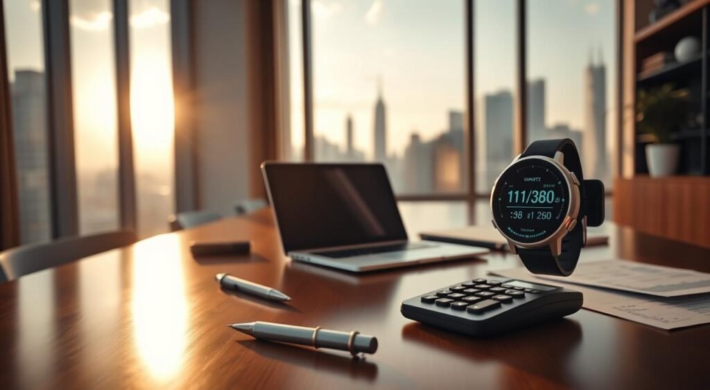 A sleek, modern home office with a polished wooden desk, a laptop, and a smartwatch displaying financial data. In the background, a large window overlooking a city skyline, bathed in warm, natural lighting. On the desk, carefully organized paperwork, a pen, and a stylish calculator. The overall atmosphere conveys a sense of productivity, control, and financial mastery. Um escritório em casa elegante e moderno com uma mesa de madeira polida, um laptop e um smartwatch exibindo dados financeiros. Ao fundo, uma grande janela com vista para o horizonte da cidade, banhada por uma luz natural e acolhedora. Sobre a mesa, papéis cuidadosamente organizados, uma caneta e uma calculadora estilosa. A atmosfera geral transmite uma sensação de produtividade, controle e domínio financeiro.