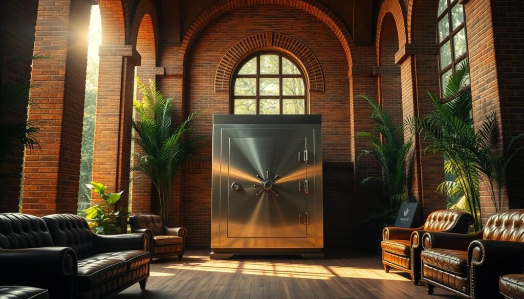 A stately, brick-walled structure nestled amidst lush greenery, its grand archways and ornate details exuding a sense of solidity and permanence. Sunlight filters through tall windows, casting warm, golden hues across the interior's polished wood surfaces and plush leather furnishings. A large, imposing safe sits prominently in the center, its steel facade gleaming with a resolute, unwavering presence. The atmosphere is one of security, stability, and the reassuring comfort of a well-planned financial safeguard, embodying the essence of a reliable "reserva de emergência" - a sanctuary for protecting one's financial future. Uma imponente estrutura com paredes de tijolos aninhada em meio a uma vegetação luxuriante, com seus arcos imponentes e detalhes ornamentados que exalam uma sensação de solidez e permanência. A luz do sol filtra-se pelas janelas altas, lançando tons quentes e dourados sobre as superfícies de madeira polida e os luxuosos móveis de couro do interior. Um grande e imponente cofre ocupa um lugar de destaque no centro, com sua fachada de aço brilhando com uma presença resoluta e inabalável. A atmosfera é de segurança, estabilidade e o conforto reconfortante de uma salvaguarda financeira bem planejada, incorporando a essência de uma "reserva de emergência" confiável – um santuário para proteger o futuro financeiro.