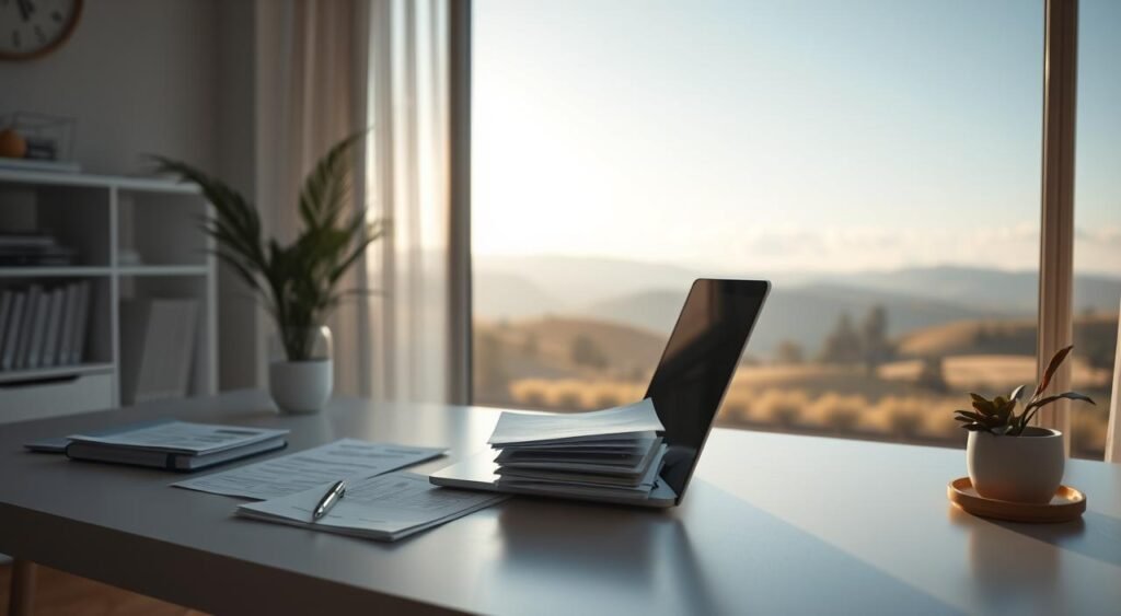 A tranquil home office scene with an open laptop, a stack of financial documents, and a potted plant on a clean, minimalist desk. Soft, natural lighting filters through large windows, casting a warm, inviting glow. In the background, a serene landscape of rolling hills and a cloudless sky creates a sense of calm and balance. The overall atmosphere conveys a feeling of financial well-being, order, and personal contentment. Uma cena tranquila de home office com um laptop aberto, uma pilha de documentos financeiros e um vaso de plantas sobre uma mesa minimalista e clean. A luz natural suave se infiltra pelas grandes janelas, criando um brilho acolhedor e convidativo. Ao fundo, uma paisagem serena de colinas onduladas e um céu sem nuvens cria uma sensação de calma e equilíbrio. A atmosfera geral transmite uma sensação de bem-estar financeiro, ordem e satisfação pessoal.