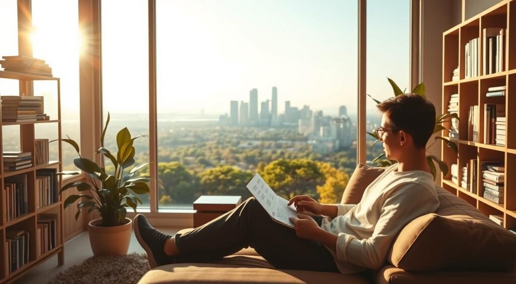 A tranquil scene of financial independence, bathed in warm golden light. In the foreground, a person sits comfortably on a couch, laptop open, reviewing financial statements. Surrounding them, bookshelves filled with finance-related literature, a potted plant, and a sleek, modern decor. In the middle ground, a large window overlooking a lush, verdant landscape, creating a sense of openness and freedom. In the background, a serene cityscape, with skyscrapers and a clear blue sky, symbolizing the prosperity and growth that financial independence can bring. The overall atmosphere is one of calm, contentment, and a sense of being in control of one's financial future. Independência Financeira: Dicas e Benefícios