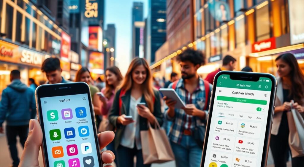 A vibrant scene of modern financial services, showcasing a variety of cashback programs. In the foreground, a smartphone displays a user-friendly cashback app interface, with colorful icons and intuitive menus. In the middle ground, a diverse group of shoppers - young professionals, homemakers, and students - are engaged in various retail activities, from in-store transactions to online shopping, all while utilizing their cashback rewards. The background depicts a bustling urban setting, with towering skyscrapers, busy streets, and a sense of financial dynamism. The lighting is warm and inviting, creating a welcoming atmosphere that emphasizes the convenience and benefits of these cashback programs. The overall composition conveys the idea of effortless savings and increased monthly income through the strategic use of such financial tools. Uma cena vibrante de serviços financeiros modernos, apresentando uma variedade de programas de cashback. Em primeiro plano, um smartphone exibe uma interface de aplicativo de cashback amigável, com ícones coloridos e menus intuitivos. No centro, um grupo diversificado de compradores – jovens profissionais, donas de casa e estudantes – estão envolvidos em diversas atividades de varejo, desde transações em lojas físicas até compras online, tudo isso enquanto utilizam suas recompensas de cashback. O fundo retrata um cenário urbano movimentado, com arranha-céus imponentes, ruas movimentadas e uma sensação de dinamismo financeiro. A iluminação é aconchegante e convidativa, criando uma atmosfera acolhedora que enfatiza a conveniência e os benefícios desses programas de cashback. A composição geral transmite a ideia de economia sem esforço e aumento da renda mensal por meio do uso estratégico dessas ferramentas financeiras.