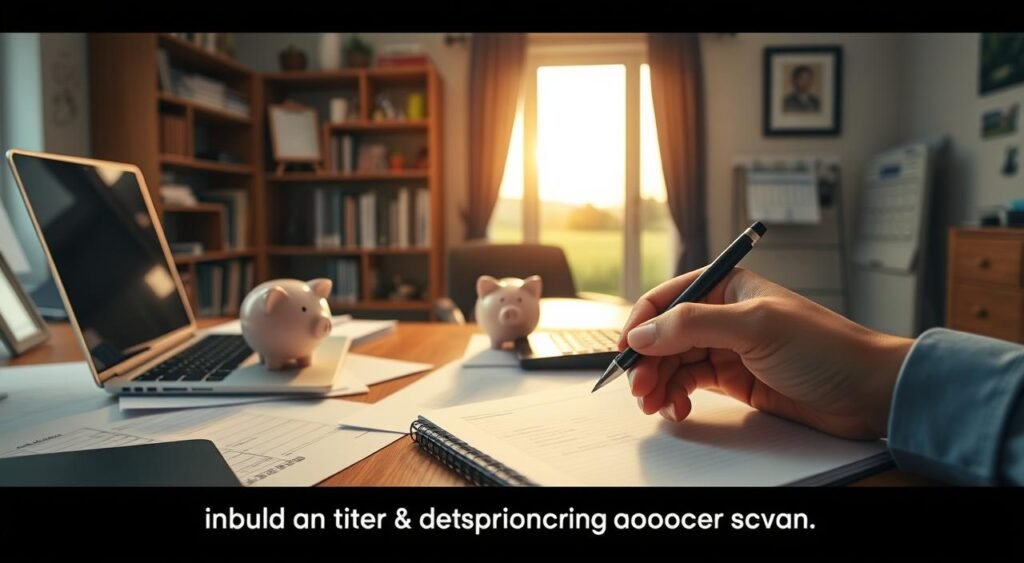 A well-lit home office with a desk, laptop, and paperwork. In the foreground, a hand holds a pen, poised to write on a notepad. In the middle ground, a piggy bank and calculator symbolize financial planning. The background features bookshelves, a calendar, and a window overlooking a serene suburban landscape. The lighting is warm and focused, creating a contemplative atmosphere. The overall composition conveys a sense of organization, preparation, and the steps towards building an emergency financial reserve. Um escritório em casa bem iluminado com uma mesa, um laptop e papéis. Em primeiro plano, uma mão segura uma caneta, pronta para escrever em um bloco de notas. No centro, um cofrinho e uma calculadora simbolizam o planejamento financeiro. Ao fundo, estantes, um calendário e uma janela com vista para uma paisagem suburbana serena. A iluminação é quente e focada, criando uma atmosfera contemplativa. A composição geral transmite uma sensação de organização, preparação e os passos para a construção de uma reserva financeira de emergência.