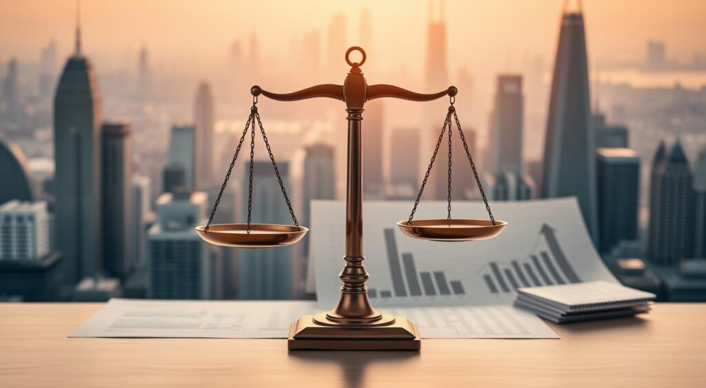 A well-organized and visually harmonious financial management concept. In the foreground, a balanced scale representing the equilibrium of income and expenses, its pans meticulously detailed. Behind it, a geometric grid layout of financial reports and spreadsheets, conveying a sense of structure and organization. In the background, a cityscape of skyscrapers symbolizing the broader economic landscape, bathed in warm, golden lighting that creates a mood of confidence and prosperity. The composition is clean, minimalist, and purposefully arranged to visually communicate the key pillars of effective financial management. Tudo Sobre Organização Financeira