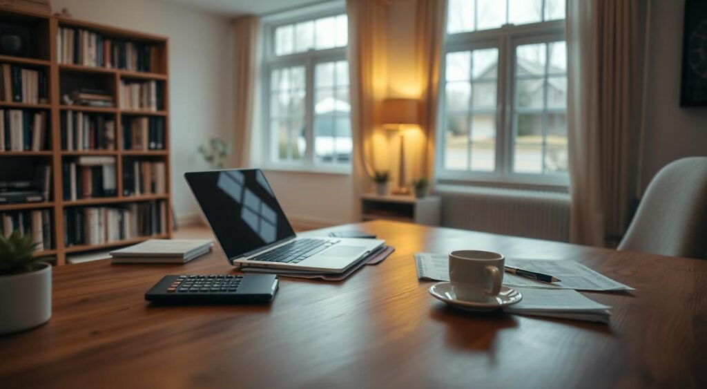A wide-angle view of a cozy, well-lit home office, with a wooden desk, a laptop, and financial documents neatly arranged. The room is bathed in warm, soft lighting, creating a contemplative atmosphere. On the desk, a calculator, a pen, and a cup of coffee stand as symbols of thoughtful financial management. In the background, a bookshelf filled with finance-related books and a window offering a glimpse of a peaceful suburban neighborhood, suggesting a sense of balance and stability. The overall scene conveys a mood of focus, organization, and a clear understanding of one's personal financial situation. A wide-angle view of a cozy, well-lit home office, with a wooden desk, a laptop, and financial documents neatly arranged. The room is bathed in warm, soft lighting, creating a contemplative atmosphere. On the desk, a calculator, a pen, and a cup of coffee stand as symbols of thoughtful financial management. In the background, a bookshelf filled with finance-related books and a window offering a glimpse of a peaceful suburban neighborhood, suggesting a sense of balance and stability. The overall scene conveys a mood of focus, organization, and a clear understanding of one's personal financial situation.