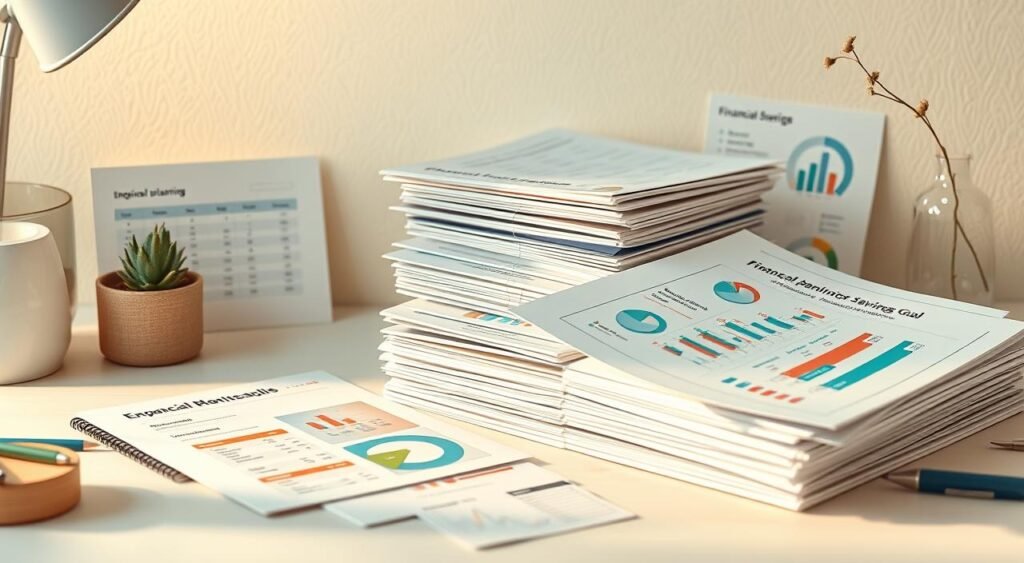 Modelos detalhados de planejamento financeiro com design limpo e moderno. Uma pilha de planilhas e documentos coloridos sobre uma mesa minimalista, iluminada por uma luz suave e aconchegante. Ícones elegantes e elementos infográficos transmitem orçamento, controle de despesas e metas de economia. Texturas orgânicas e tons pastéis criam uma atmosfera tranquila e organizada. Cuidadosamente organizados para mostrar a versatilidade e a acessibilidade das ferramentas gratuitas de organização financeira.