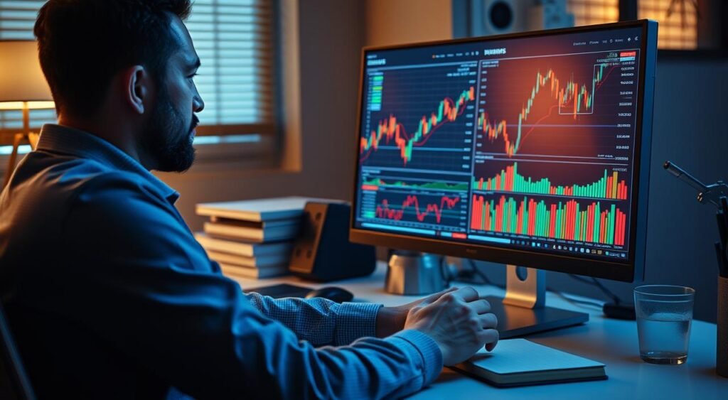 Imagem de uma pessoa analisando gráficos de investimentos em um computador. Imagem de uma pessoa analisando gráficos de investimentos em um computador.