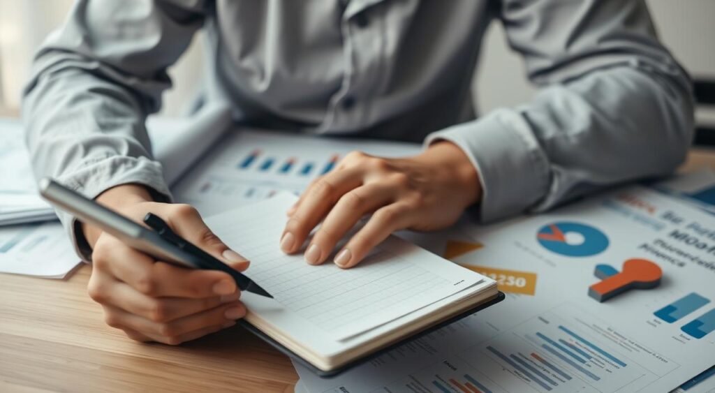 Imagem de uma pessoa organizando finanças em um caderno ou aplicativo. Imagem de uma pessoa organizando finanças em um caderno ou aplicativo.