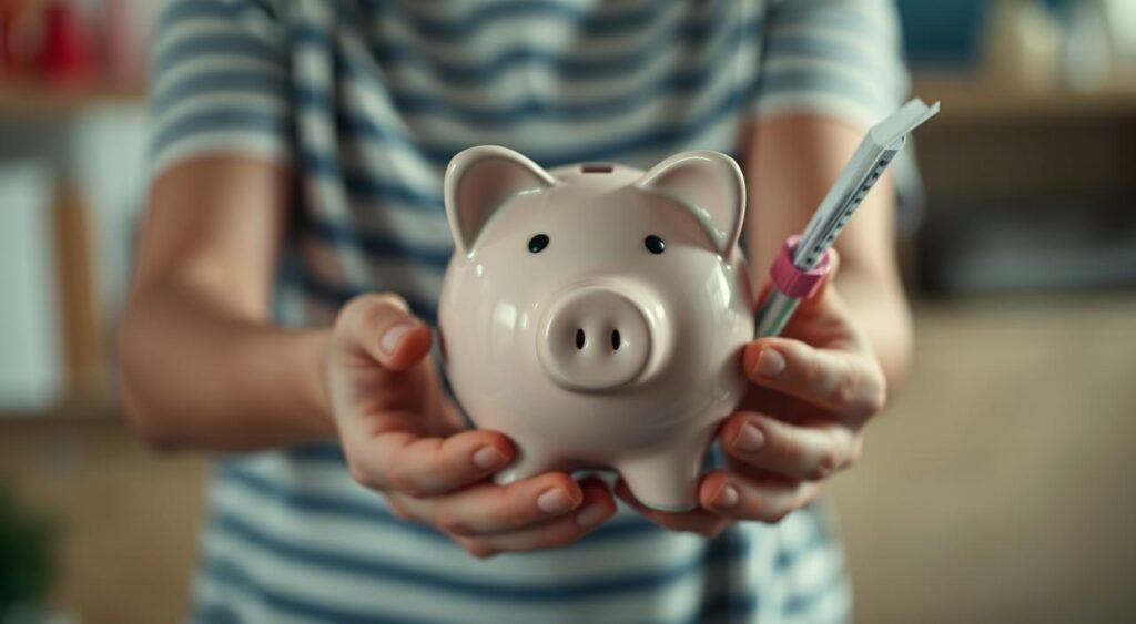 Imagem de uma pessoa segurando um cofrinho ou uma conta poupança. Imagem de uma pessoa segurando um cofrinho ou uma conta poupança.