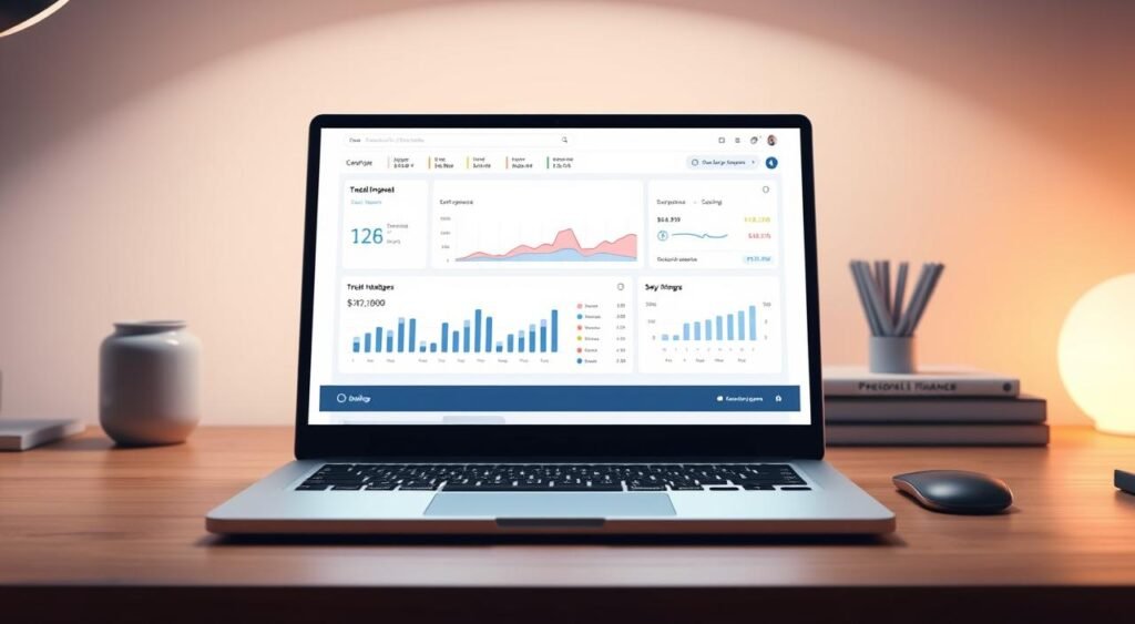 Controle inteligente de despesas: uma ilustração nítida e moderna que retrata um painel financeiro pessoal organizado na tela de um laptop. O painel apresenta visualizações claras de receitas, despesas e economias, com controles intuitivos para acompanhar e gerenciar gastos. A cena é iluminada por uma luz suave e difusa, criando uma atmosfera calma e focada. O laptop está sobre uma mesa minimalista de madeira, com elementos sutis ao fundo que sugerem um ambiente de trabalho organizado e produtivo. A estética geral transmite uma sensação de eficiência, clareza e disciplina financeira – qualidades que se alinham com os temas do artigo: evitar compras por impulso e manter um orçamento equilibrado.