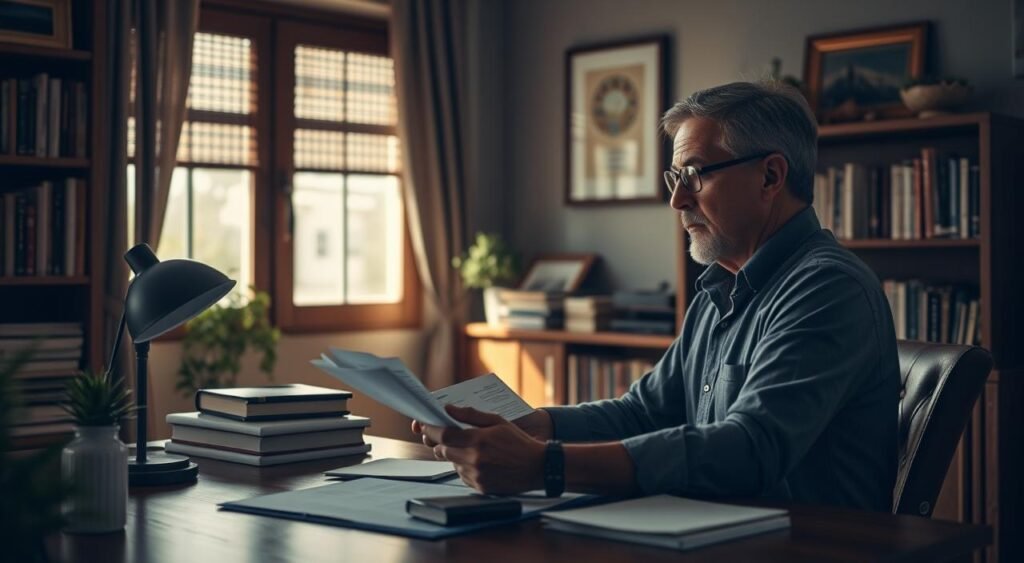 a detailed, realistic scene of a personal finance concept for Brazilians, showing a middle-aged Brazilian person reviewing their financial paperwork on a wooden desk in a cozy home office, with shelves of books and a framed diploma on the wall behind them, soft natural lighting streaming in through a window, conveying a sense of introspection and careful financial planning Por que Finanças Pessoa Física é Importante?