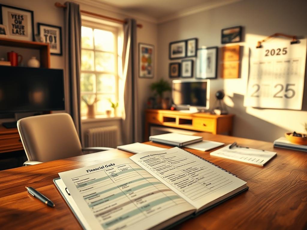 A cozy home office with a large wooden desk, neatly organized papers, and a modern computer setup. On the desk, a planner labeled "Financial Goals 2025" lies open, showcasing handwritten notes and colorful charts. Warm, natural lighting floods the space through a nearby window, casting a gentle glow. The walls are adorned with inspirational artwork and family photos, creating a personalized and inviting atmosphere. In the background, a stylized calendar displays the year 2025, hinting at the long-term financial planning taking place. The overall scene conveys a sense of focus, organization, and a dedication to achieving financial well-being. Uma sala de estar aconchegante, preenchida com luz natural quente, exibindo uma mesa de madeira robusta com um cofre em forma de porquinho, moedas e um tablet digital mostrando gráficos financeiros. Em primeiro plano, uma família se reúne, discutindo o fundo de emergência da família e a segurança financeira. O meio apresenta estantes com livros de finanças pessoais, enquanto o fundo retrata uma cena externa tranquila através de grandes janelas, enfatizando a importância do planejamento financeiro e da preparação. A atmosfera geral é de foco, colaboração e um senso de bem-estar financeiro. ...