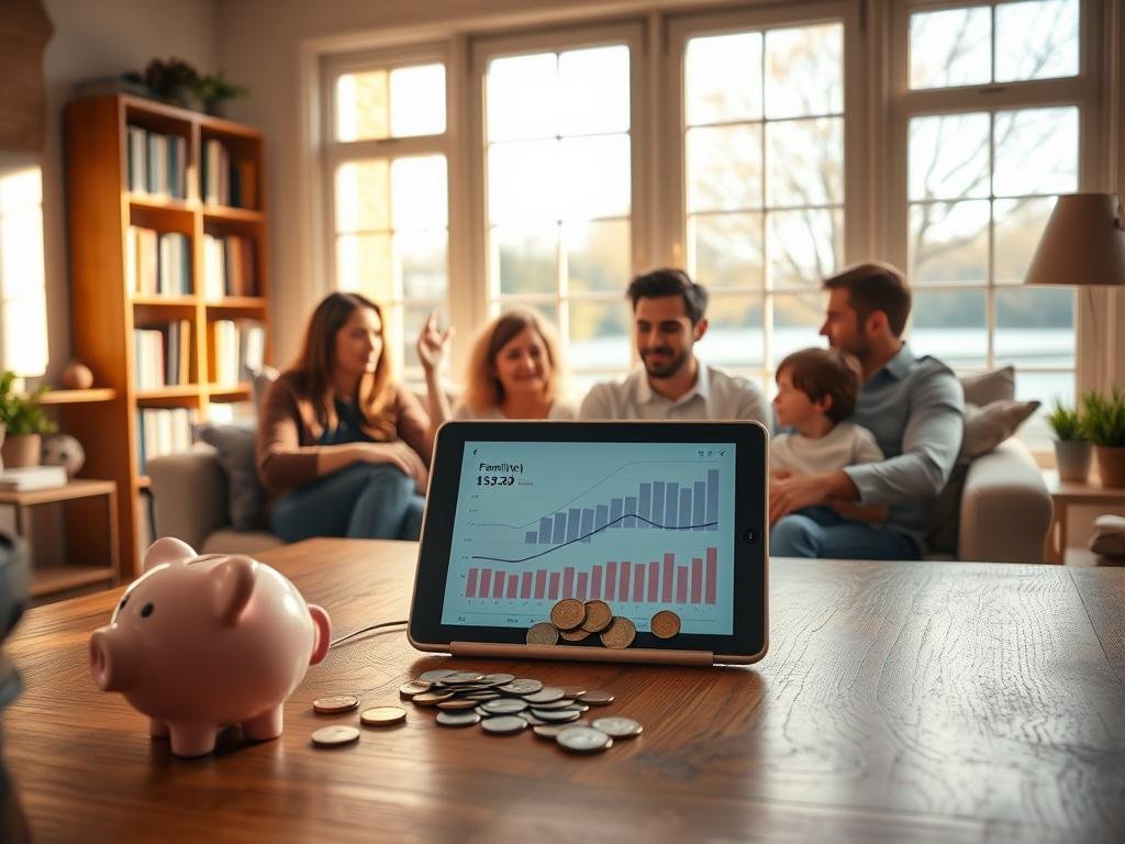 A cozy living room filled with warm natural light, showcasing a sturdy wooden table with a piggy bank, coins, and a digital tablet displaying financial charts. In the foreground, a family gathers around, discussing their family's emergency fund and financial security. The middle ground features bookshelves with personal finance books, while the background depicts a calming outdoor scene through large windows, emphasizing the importance of financial planning and preparedness. The overall atmosphere is one of focus, collaboration, and a sense of financial well-being. Uma sala de estar aconchegante, preenchida com luz natural quente, exibindo uma mesa de madeira robusta com um cofre em forma de porquinho, moedas e um tablet digital mostrando gráficos financeiros. Em primeiro plano, uma família se reúne, discutindo o fundo de emergência da família e a segurança financeira. O meio apresenta estantes com livros de finanças pessoais, enquanto o fundo retrata uma cena externa tranquila através de grandes janelas, enfatizando a importância do planejamento financeiro e da preparação. A atmosfera geral é de foco, colaboração e um senso de bem-estar financeiro.