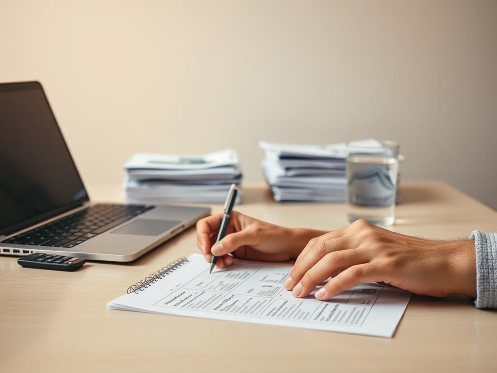 A meticulously organized desk with a sleek laptop, a neatly stacked pile of financial documents, and a glass of water against a soft, neutral-toned background. The lighting is warm and natural, accentuating the polished surfaces and creating a sense of focus and productivity. In the foreground, a pair of hands carefully planning a financial strategy on a notebook, with a calculator and a pen nearby. The scene conveys a mood of thoughtful, intentional financial management, inviting the viewer to envision the clarity and control that can be achieved through well-defined financial goals. Uma mesa meticulosamente organizada com um laptop elegante, uma pilha de documentos financeiros cuidadosamente empilhados e um copo d'água sobre um fundo suave e neutro. A iluminação é quente e natural, acentuando as superfícies polidas e criando uma sensação de foco e produtividade. Em primeiro plano, um par de mãos planeja cuidadosamente uma estratégia financeira em um caderno, com uma calculadora e uma caneta por perto. A cena transmite um clima de gestão financeira cuidadosa e intencional, convidando o espectador a visualizar a clareza e o controle que podem ser alcançados por meio de metas financeiras bem definidas.