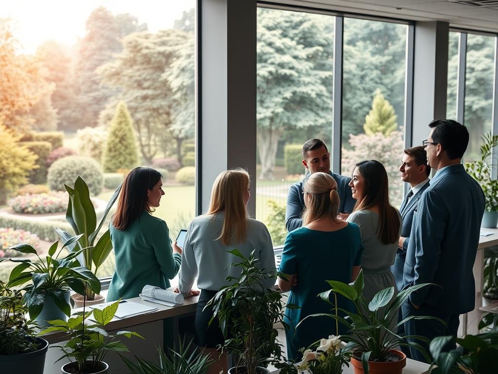 A modern, well-lit corporate office interior with a large window overlooking a lush, verdant garden. In the foreground, a group of business executives engaged in a meeting, discussing environmental sustainability initiatives and corporate governance policies. The lighting is warm and natural, creating a sense of professionalism and focus. In the middle ground, various plants, recycling bins, and eco-friendly office supplies suggest a commitment to sustainable practices. The background features a panoramic view of the garden, with carefully manicured trees and flowers, conveying a harmonious balance between business and the natural environment. investimentos ESG